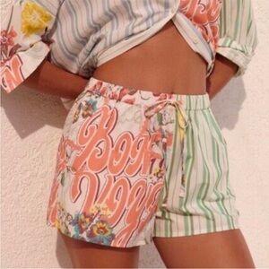 NWT Anthropologie Poplin Pull-On Shorts Size L Green Striped Floral Pockets NEW